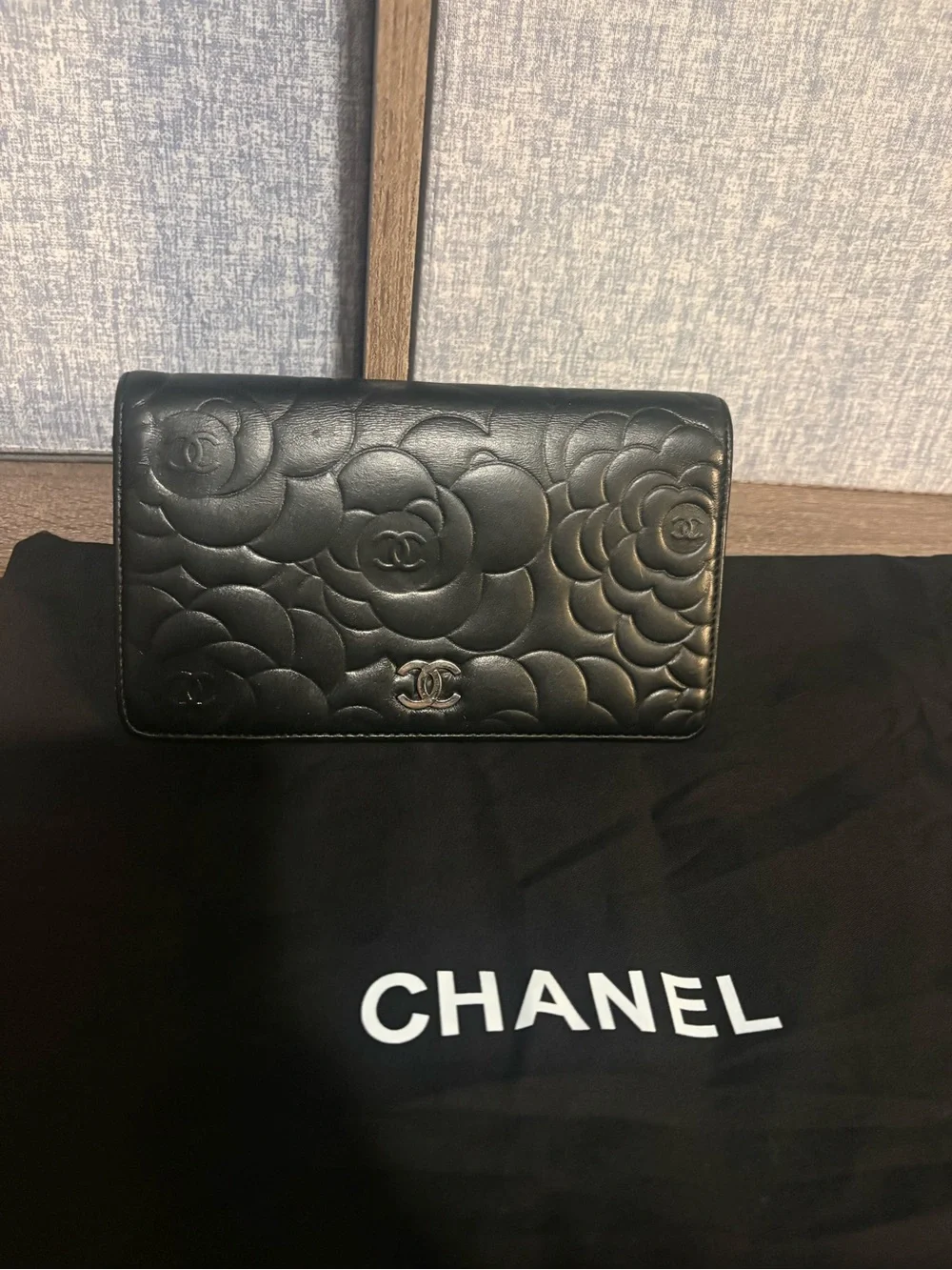 CHANEL Black Quilted Camellia Leather Long Wallet with CC Emblem, VGUC!